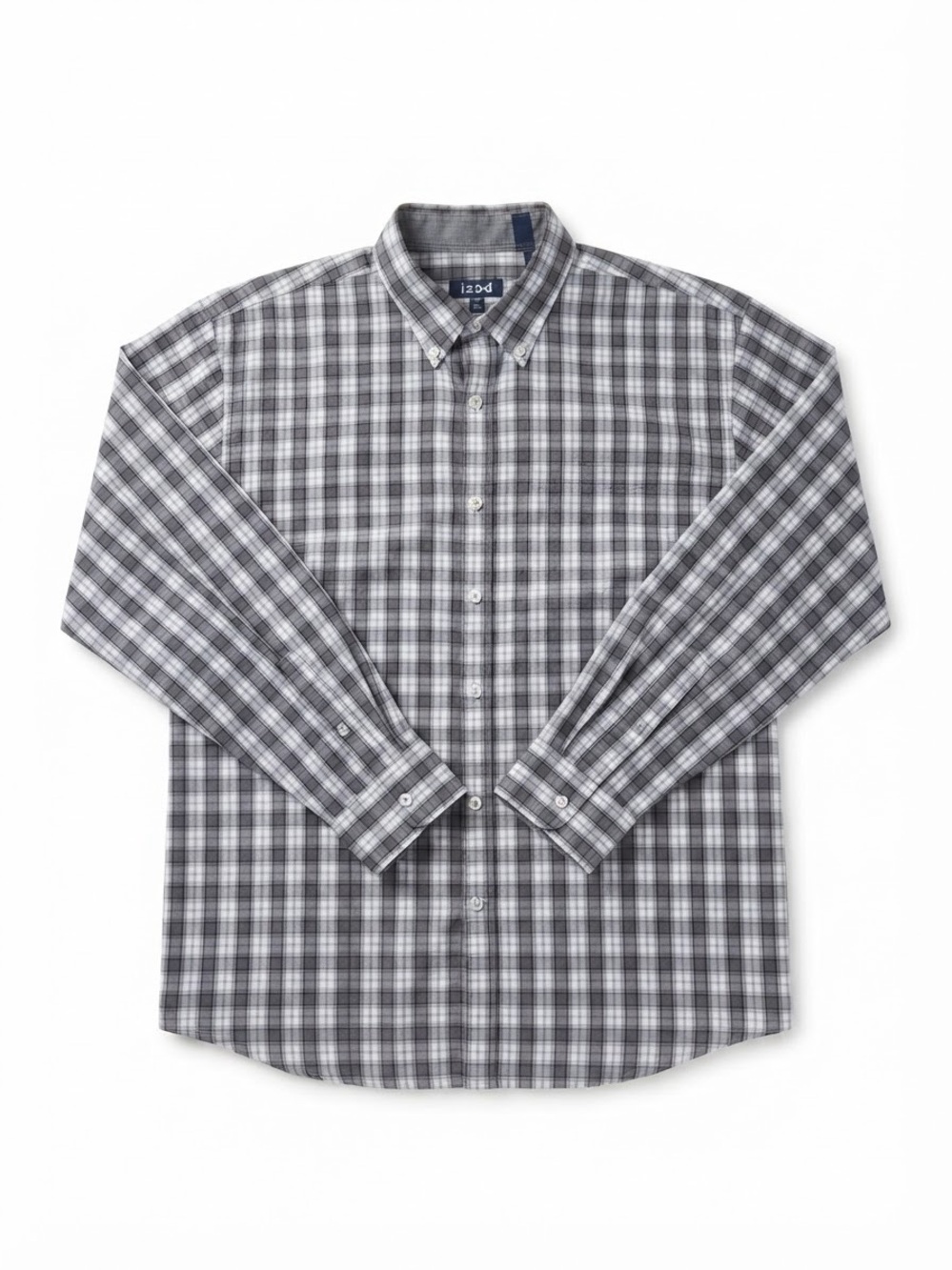 Izod Men's Gray and White Plaid Button-Down Shirt
